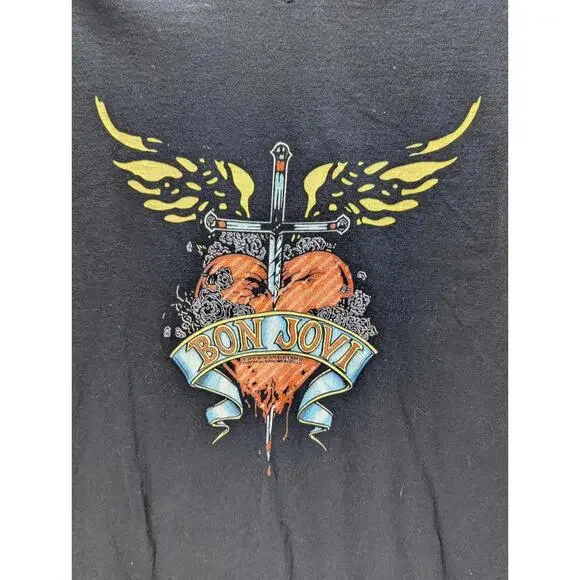 Womens Bon Jovi T-Shirt V Neck Bleeding Heart Wings Dagger Black Size L Rock - Picture 2 of 10